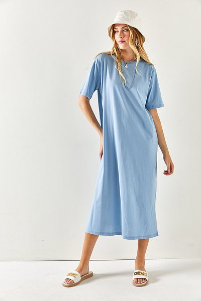 Olalook Rochie supradimensionată din bumbac cu fantă laterală indigo pentru femei ELB-19001880