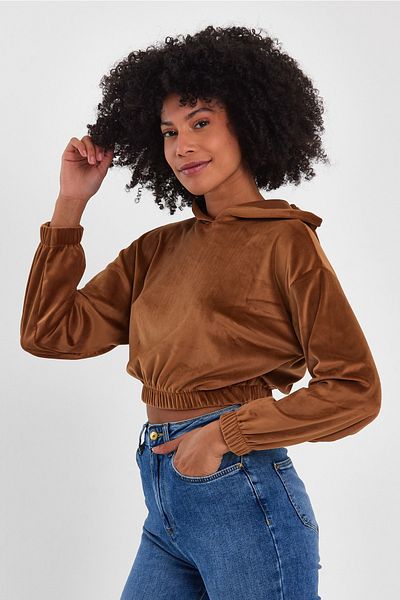 rammers Sweat crop cu mânecă lungă cu glugă din catifea maro