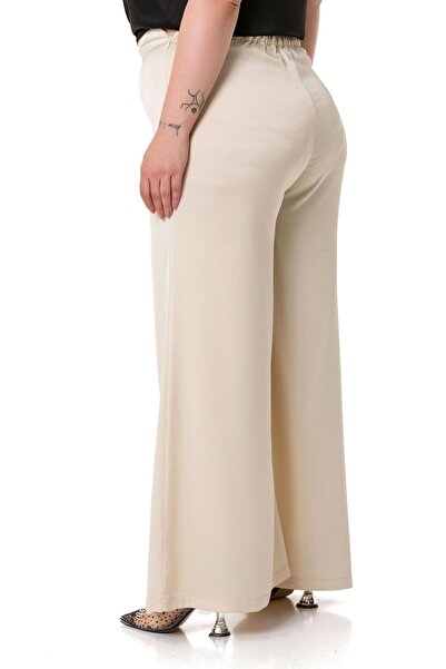 DISENTIS MODEST Large Size Wide Leg Satin Beige Trousers with Elastic Waist and Back