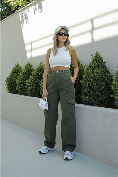 LİMABEL Ψηλόμεσο Khaki Cargo Pocket Jeans 100% Βαμβάκι