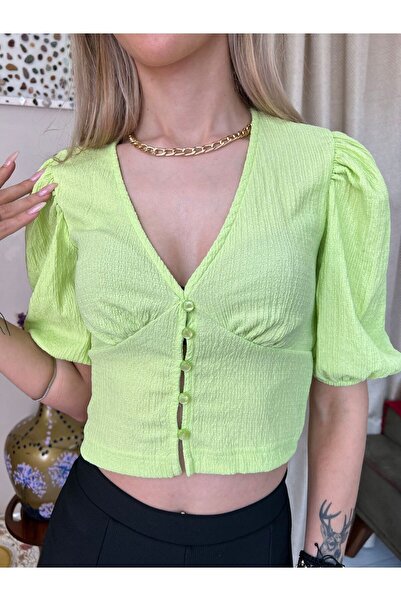 İBABUTİK Γυναικείο μπλουζάκι με μανίκια με μπαλόνια και κουμπιά με λαιμόκοψη σε σχήμα V