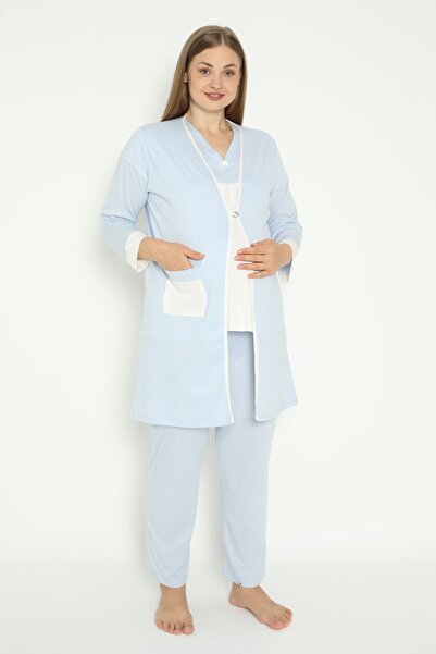 Miss Dünya Lissa طقم بيجامة للحوامل والأمومة مقاس كبير مع ثوب صباحي أزرق