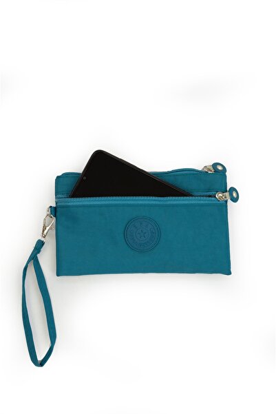 İMAKS Crinkle/Clinker Water Repellent Fabric 2 Zippers Wrist Strap Mobile Phone Handbag Wallet Turquoise 1115