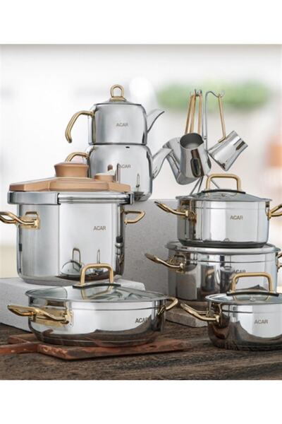 ACAR Karat Neptün Gold 18 Parça Paslanmaz Çelik Çeyiz Tencere Seti