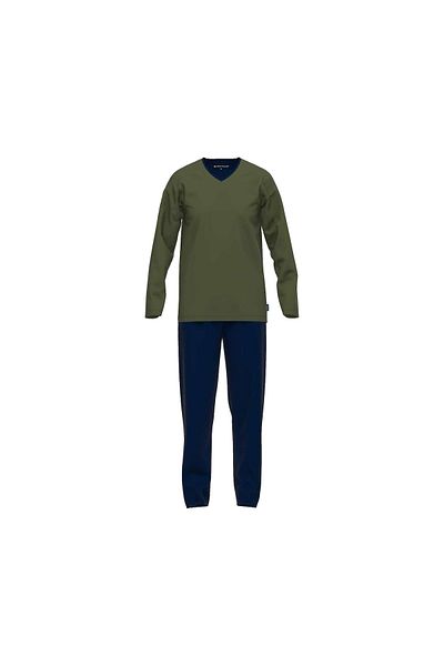 Tom Tailor Herren Schlafanzug - Pyjama, Baumwolle, V-Ausschnitt, Logo, einfarbig, lang