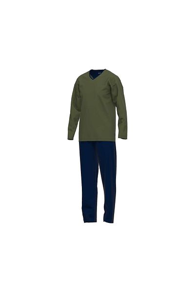 Tom Tailor Herren Schlafanzug - Pyjama, Baumwolle, V-Ausschnitt, Logo, einfarbig, lang