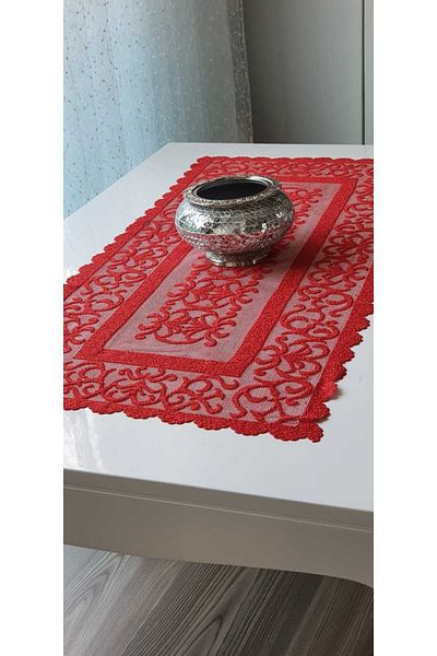 WENESSİ Ottoman Pattern Knitted Tulle Short Runner Cover 40x90 (RED)