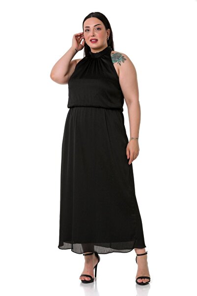 DISENTIS MODEST Rochie neagră lungă din satin cu talie elastică