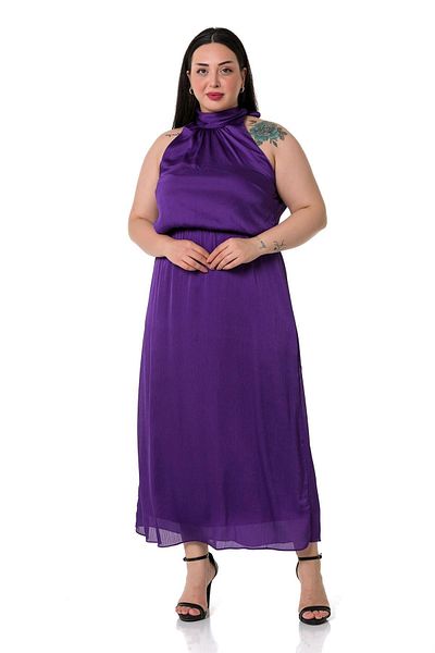 DISENTIS MODEST Plus Size Halter Ελαστική μέσης Σατέν Μακρύ Μωβ Φόρεμα
