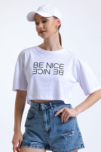 MD trend Women's White Printed Crew Neck Basic Crop T-shirt