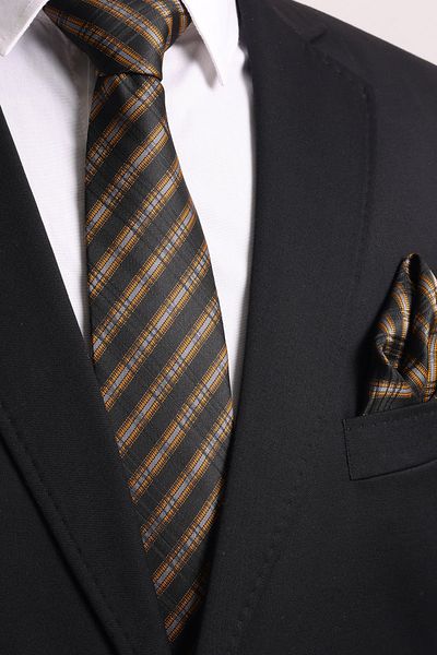 Esgue Hand Made 7.5 cm Smoked - Gold Striped Tie Handkerchief