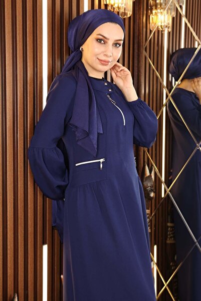 Modamihram Zipper Detailed Dress Indigo 10269