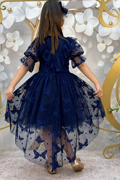 Riccotarz Dívčí motýlí vzorované, průhledné detailní tmavě modré šaty s ocasem