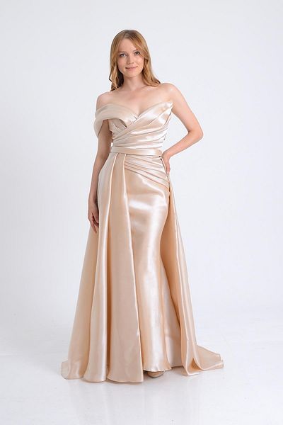 SpringStore Gold Off Shoulder Sweep Train Satin Evening Dress
