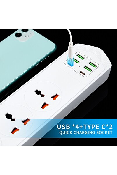 Lisa Butik Çoklu Priz 10 Girişli 4+4 USB 2 Type-C 2M Kablolu Akım Korumalı Anahtarlı Uzatma Grup Priz 3000w