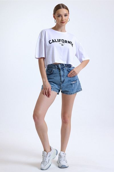 MD trend Γυναικείο μπλουζάκι με λευκό εμπριμέ Crew Neck Basic Crop