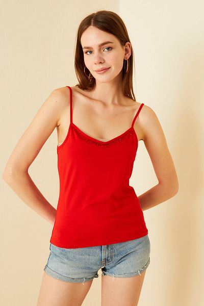 Hanna's by Hanna Darsa Women's Red Collar Pipe Bead Embroidered Knitted Tank Top