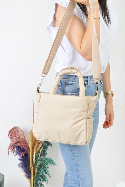 Sellini حقيبة يد وكتف وحقيبة كروس نسائية من القماش المنفوخ باللون البيج 328