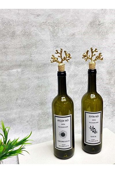 Jenisa 750Ml Green Bottle Oil Pot with Gold Coral Cork Stopper and Label