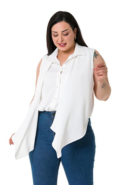 DISENTIS MODEST Plus Size Double Layer Sleeveless White Shirt with Pleat Detail on the Front