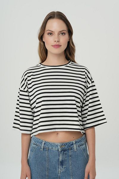 CROSS JEANS White Black Striped Oversize Short Sleeve T-Shirt 56107-573