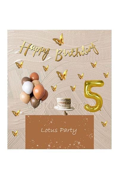LOTUS PARTY Μίνι σετ γενεθλίων 5 ετών με πεταλούδα μεταλλικό χρυσό αριθμό πεταλούδας χρυσό Hapyy γράμματα καφέ χρώμα μπαλόνι