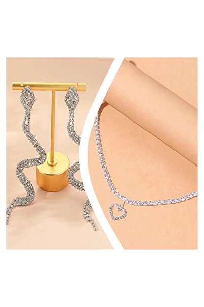 Everglow Jewelry Zirkon Taşlı Yılan Küpe Kombine Set