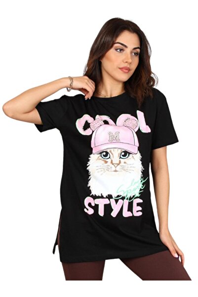 LOVE RAİN FASHİON تي شيرت مطبوع عليه حجر رقمي على شكل قطة