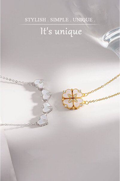 The Collection حجر عرق اللؤلؤ، قابل للفتح، ذو أربعة قلوب، مغناطيس البرسيم قابل للإغلاق، قلادة من الفولاذ الفضي المقاوم للتشوه