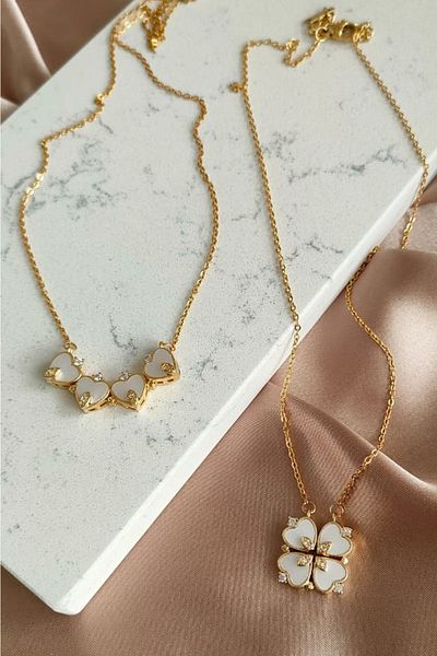The Collection Zircon Mother-of-Pearl Stone Openable Four Heart Closing Clover Magnet Tarnish Resistant Steel Necklace