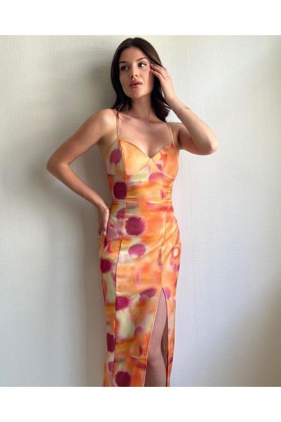 Julidress Rochie midi premium cu model portocaliu - guler inimă și detaliu cu fante