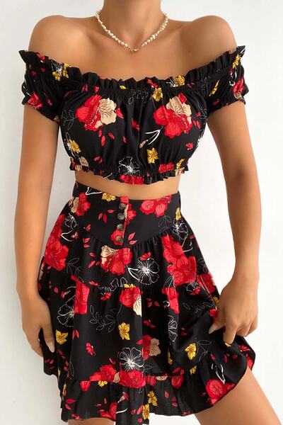 Eke Tekstil Set de fuste bluză cu guler Carmen alb cu modele florale