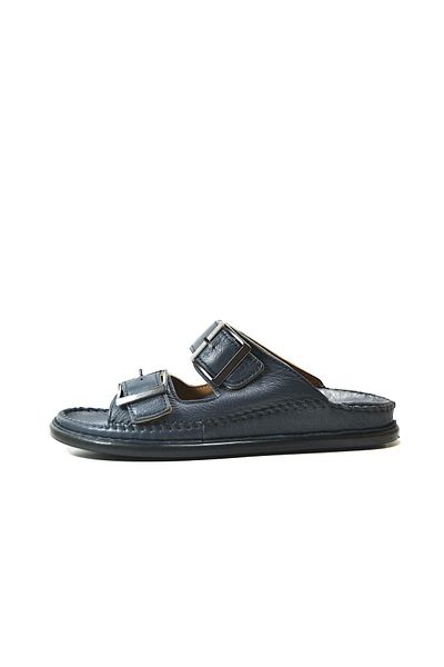 Onlo Ayakkabı 502-3 Genuine Leather Black & Navy Blue Adjustable Women's Slippers with Orthopedic Buckle