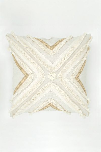 NDC HOME Special Design Multi-Tasseled Motif Single Linen Cream Throw Pillow Cover (43X43)