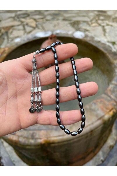 Doğal Taş Dünyası مسبحة قطع الشعير من حجر الهيماتيت الطبيعي 33 قطعة جودة AAA