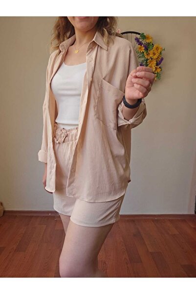 Women's Linen Fabric Oversize Shirt Shorts Set