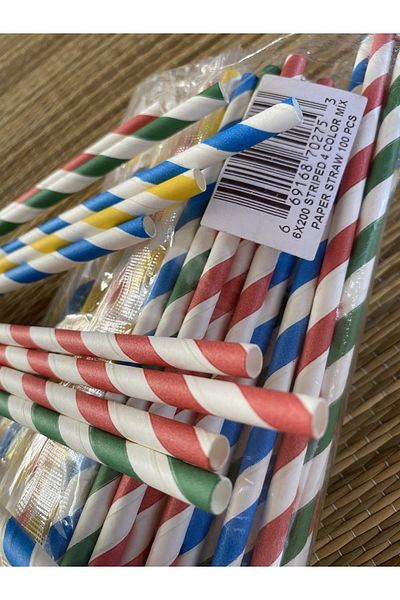 MY ZEY 8mm*200mm (Paper Straw) Striped 4 Color Mix Paper Straw 100 Pcs