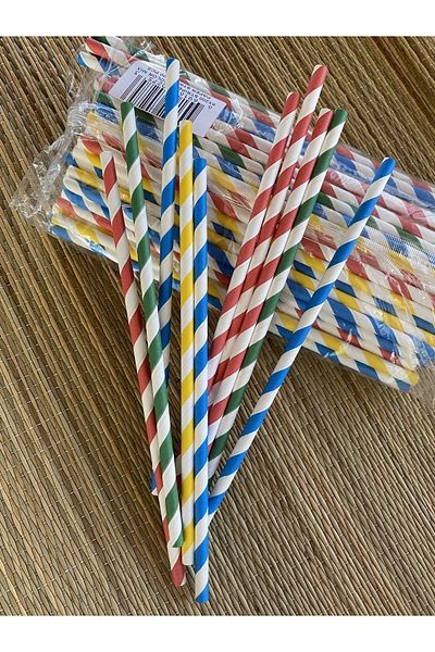 MY ZEY 8mm*200mm (Paper Straw) Striped 4 Color Mix Paper Straw 100 Pcs