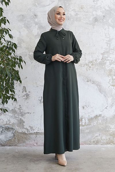 InStyle Abaya με δαντελένιο γιακά και κρυφό πατιλέτο - Χακί
