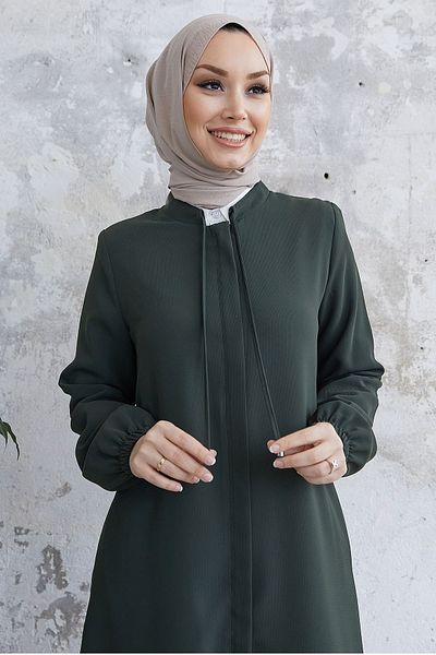 InStyle Abaya με δαντελένιο γιακά και κρυφό πατιλέτο - Χακί