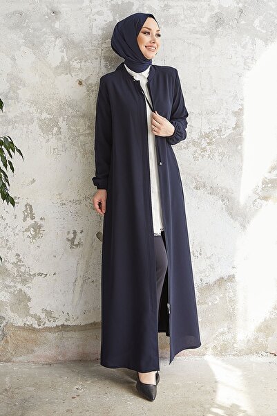 InStyle Abaya with Lace Collar and Hidden Placket - Navy Blue