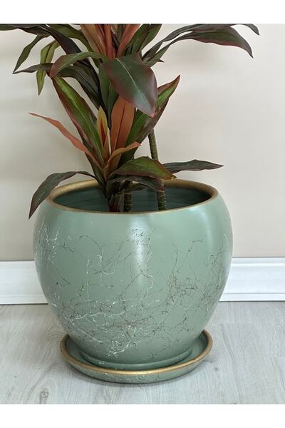 odka 10litre Küre Saksı Tabaklı 23cmx23cm Lily Mint Yeşili-beyaz-gold