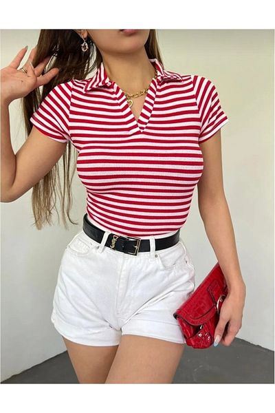 Lunaberry Women's Polo Neck Short Sleeve Camisole Crop Blouse Black and White Striped (Above Belly Line)