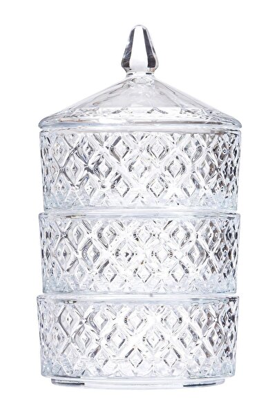 Genel Markalar Kapaklı Katlı Kristal Şekerlik 3 Katlı Cam Kurabiyelik