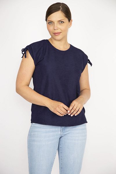 Şans Women's Navy Blue Large Size Shoulder Lace-Up Polyester Fabric Blouse 65n36548