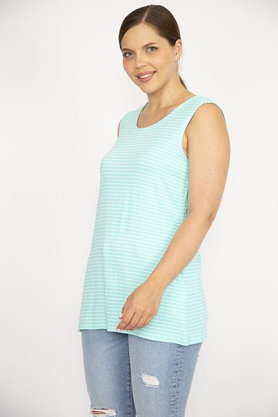 Şans Women's Green Plus Size Sleeveless Striped Lycra Viscose Blouse 65n36579