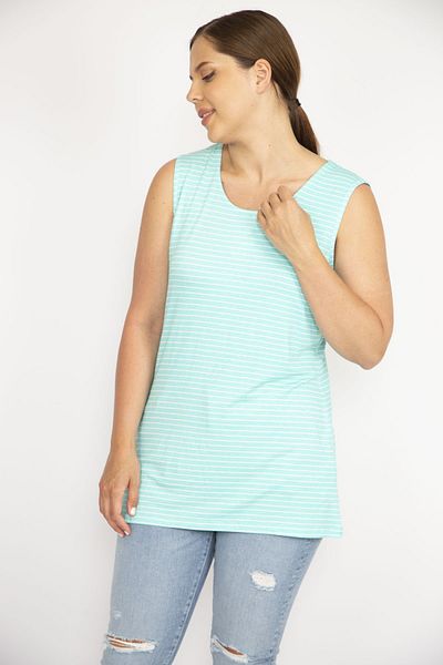 Şans Women's Green Plus Size Sleeveless Striped Lycra Viscose Blouse 65n36579