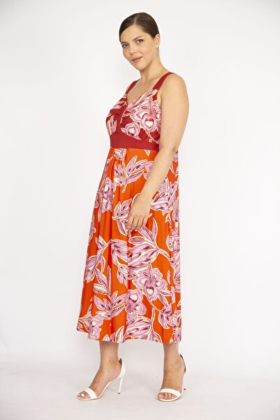 Şans Women's Colorful Large Size Thick Strap Colorful Long Dress 65n36571