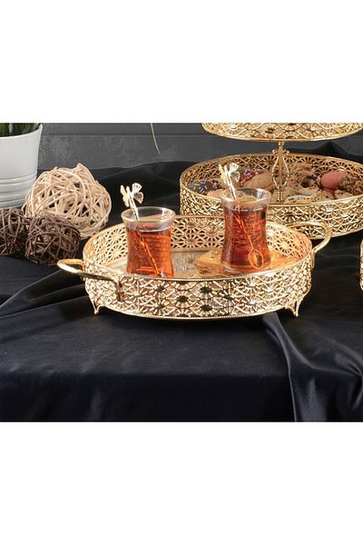 HELVACIOĞLU AKSESUAR 27 Pattern Round Handle Mirrored Tray 30 Cm Gold
