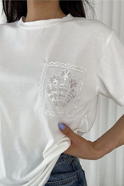FEMELLE Women's White New Season Pocket Sequined and Embroidered Cotton T-Shirt